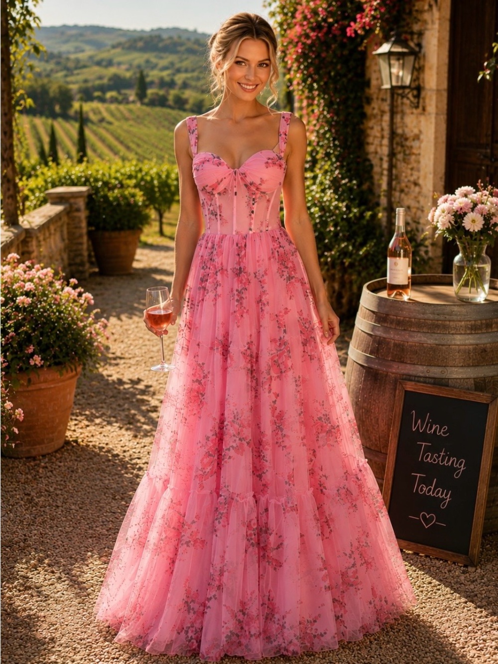 Pink Floral Tulle Ballgown